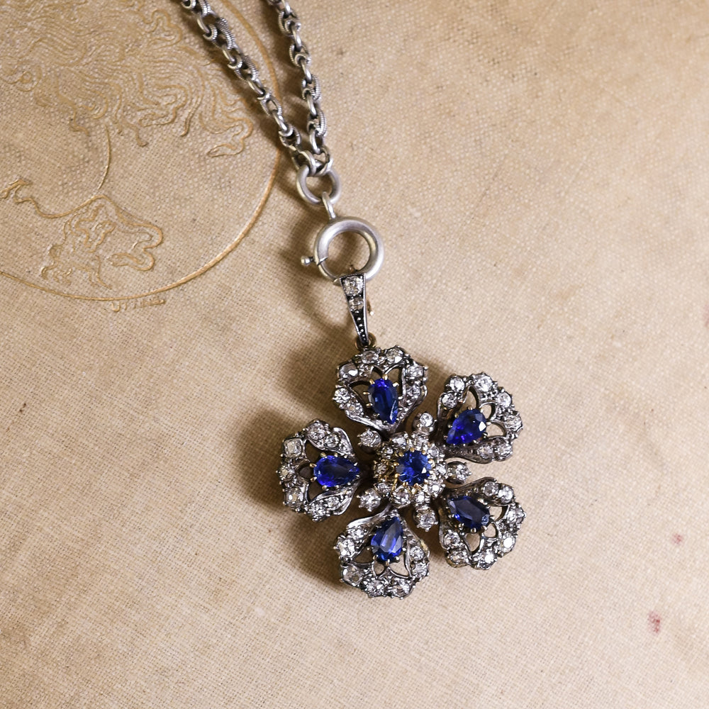 Victorian Sapphire & Diamond Flower Pendant