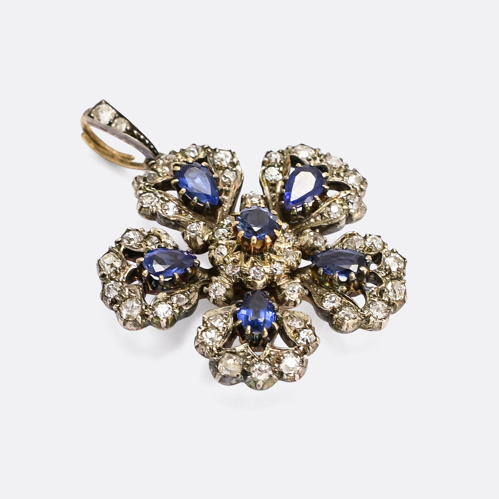 Victorian Sapphire & Diamond Flower Pendant