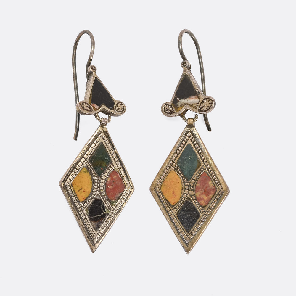 Victorian Scottish Agate Inlay Silver Earrings
