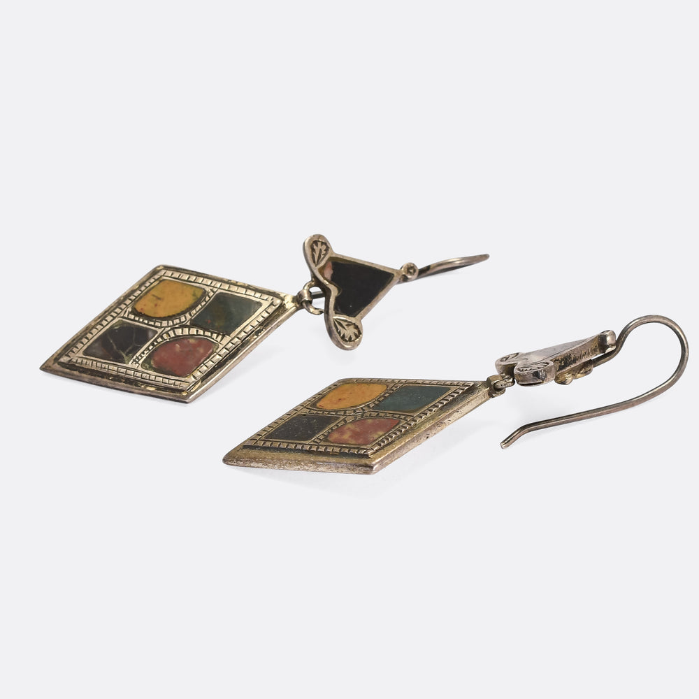Victorian Scottish Agate Inlay Silver Earrings