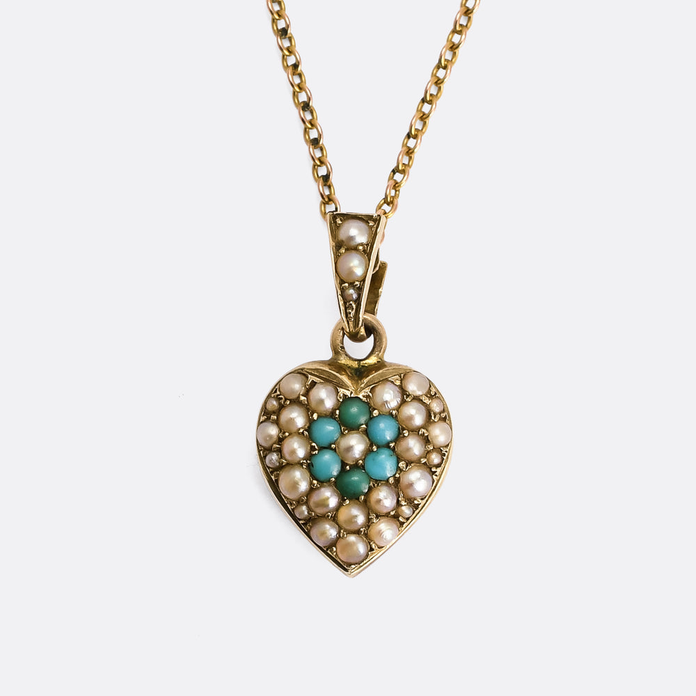 Victorian Turquoise Pansy & Pearl Puffed Heart Pendant