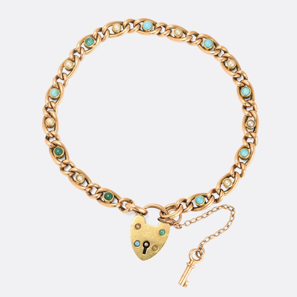 Victorian Turquoise & Pearl Curb-Link Bracelet with Heart Padlock