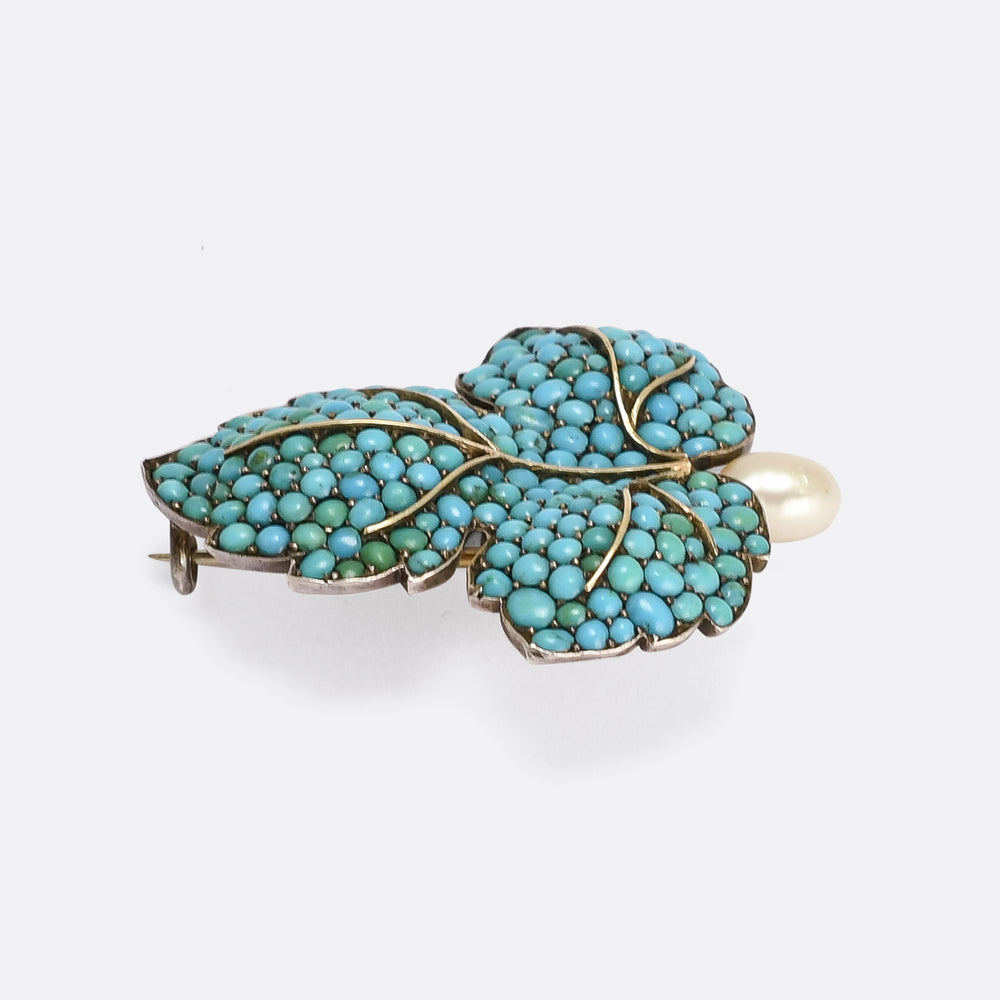Victorian Turquoise & Pearl Fig Leaf Brooch