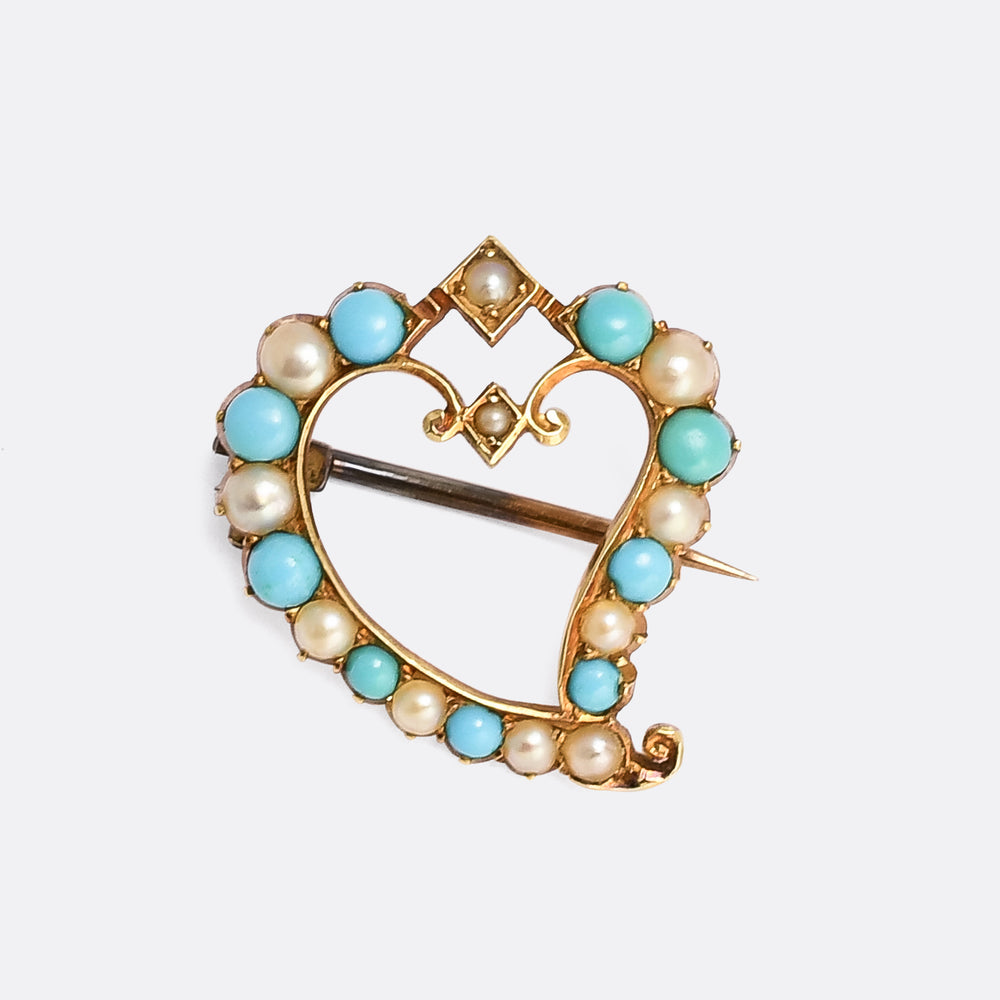 Victorian Turquoise & Pearl Witch's Heart Brooch
