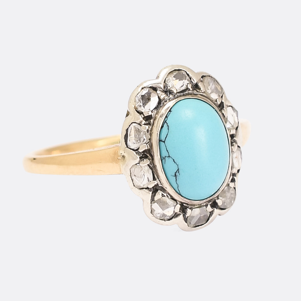Victorian Turquoise & Rose Diamond Flower Ring