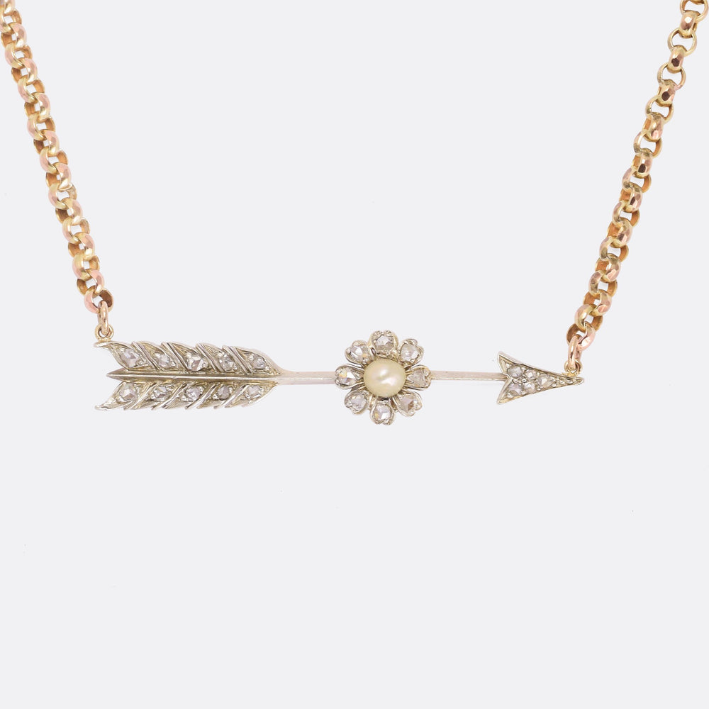 Victorian Diamond & Pearl Arrow Necklace