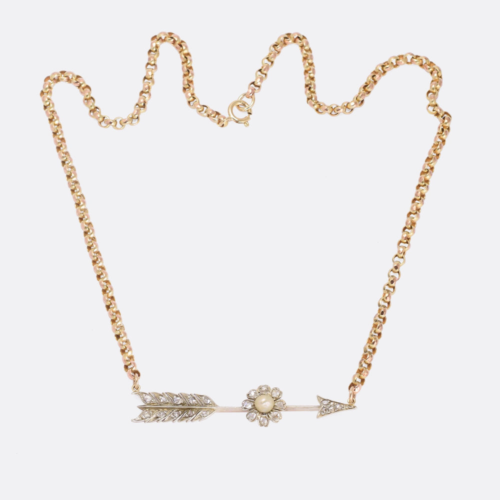 Victorian Diamond & Pearl Arrow Necklace