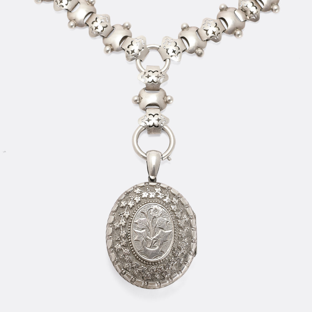 Victorian “Language of Flowers” Silver Locket & Collar