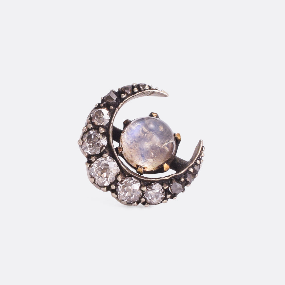 Victorian Moonstone & Diamond Crescent Stud Earring