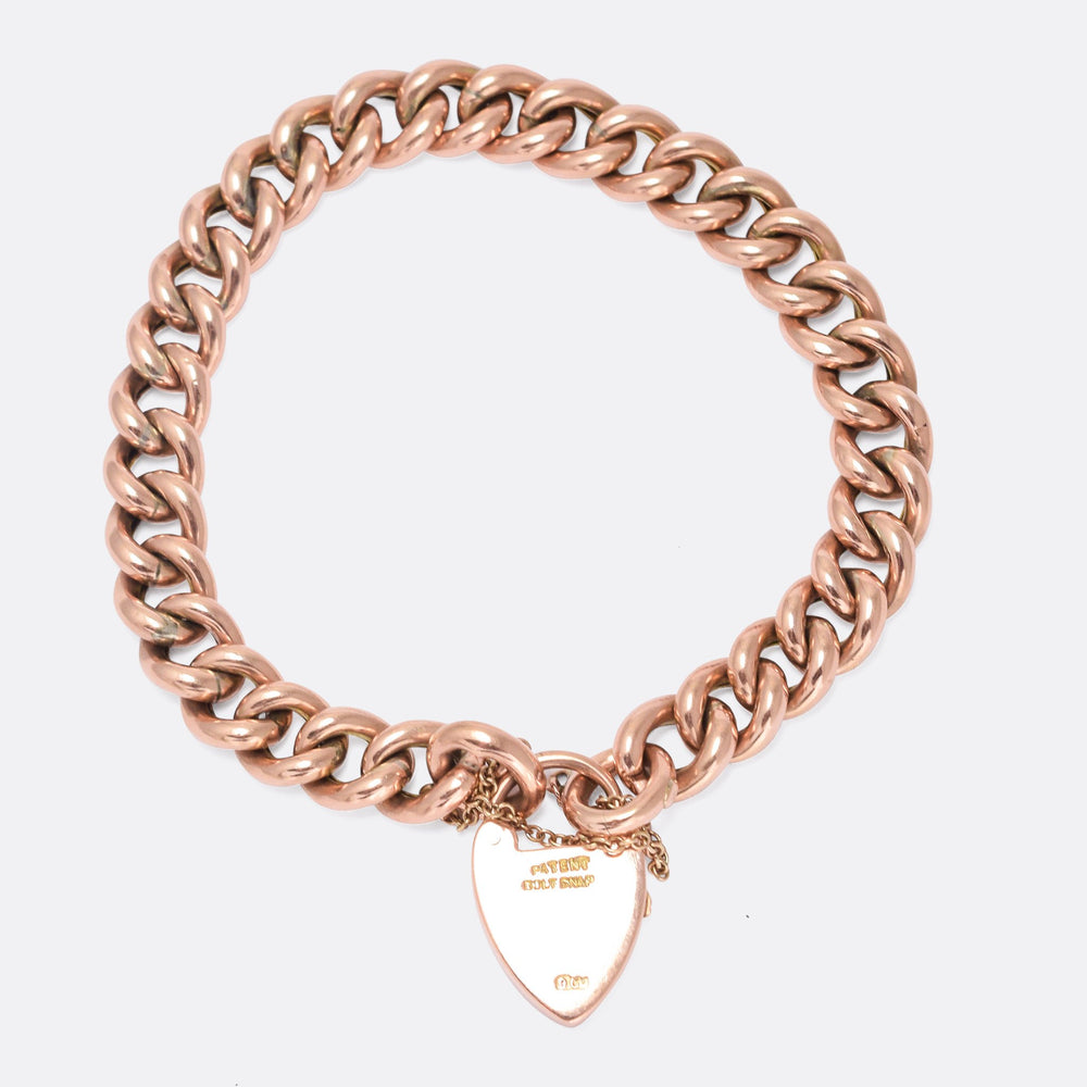 Victorian Rose Gold Curb-Link Bracelet with Heart Padlock