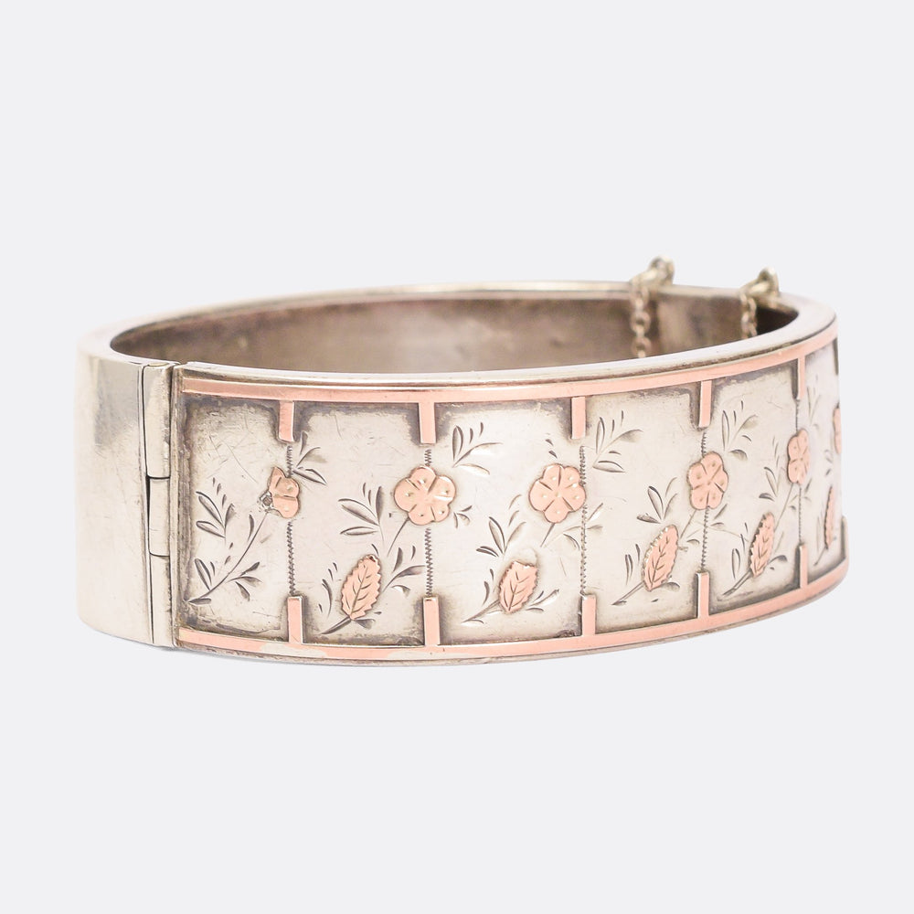 Victorian Silver Cuff Bangle with Rose Gold Inlay