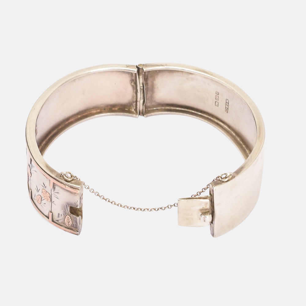 Victorian Silver Cuff Bangle with Rose Gold Inlay