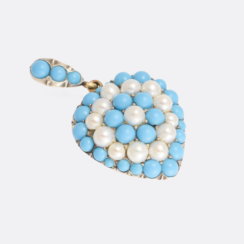 Victorian Turquoise & Pearl Pavé Heart Pendant