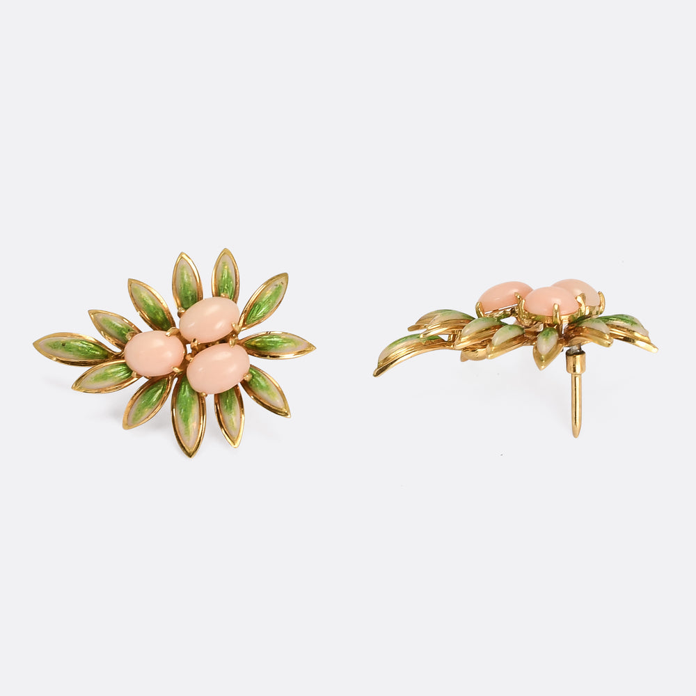 Vintage Coral & Enamel Foliate Earrings