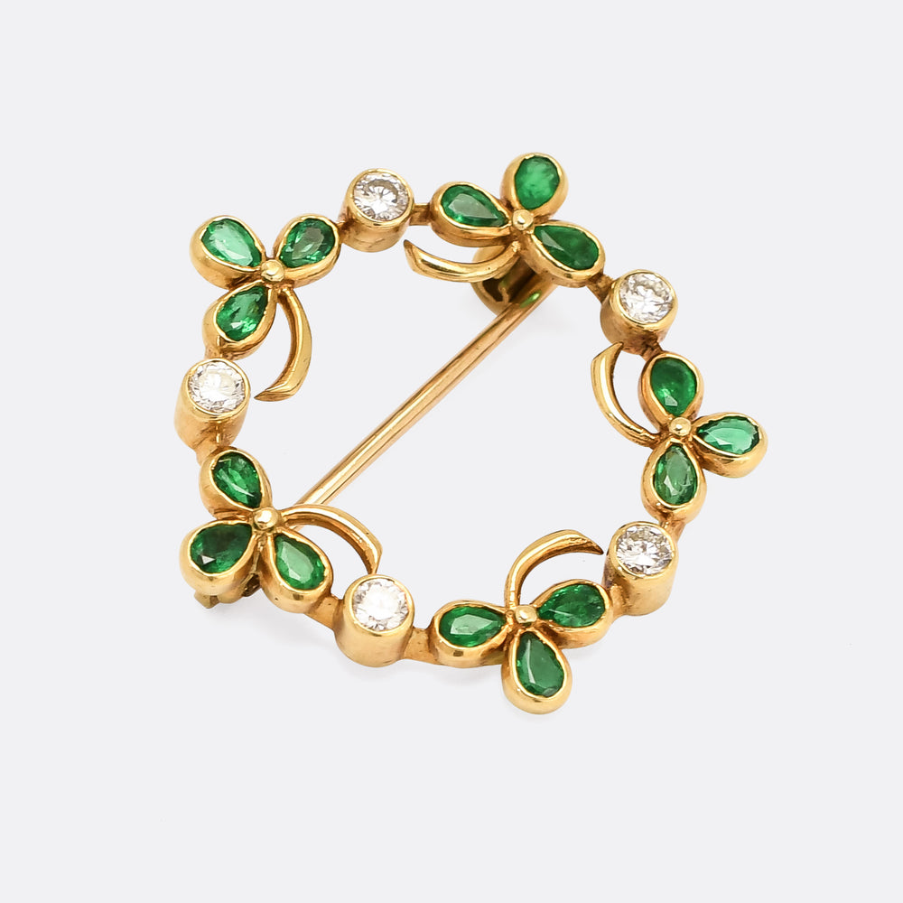 Vintage Emerald & Diamond Clover Wreath Brooch