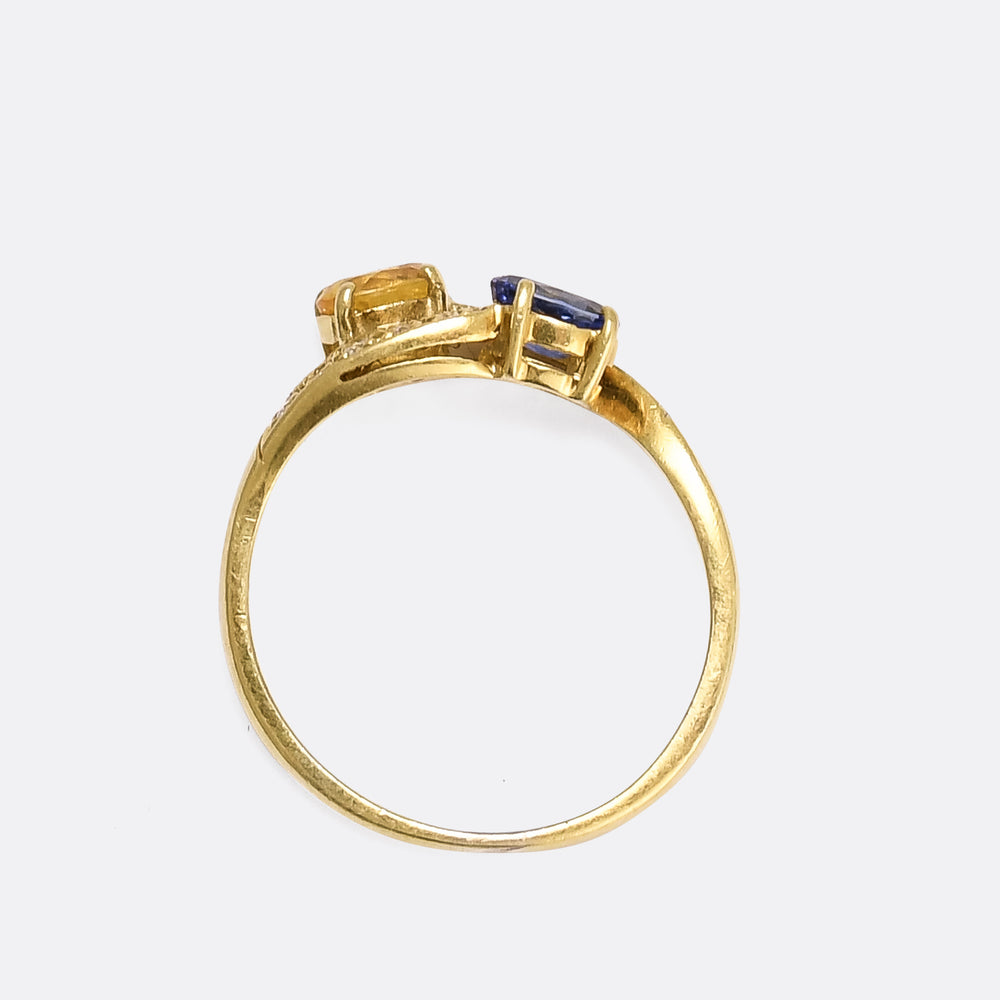 Vintage Yellow & Blue Sapphire Toi Et Moi Ring