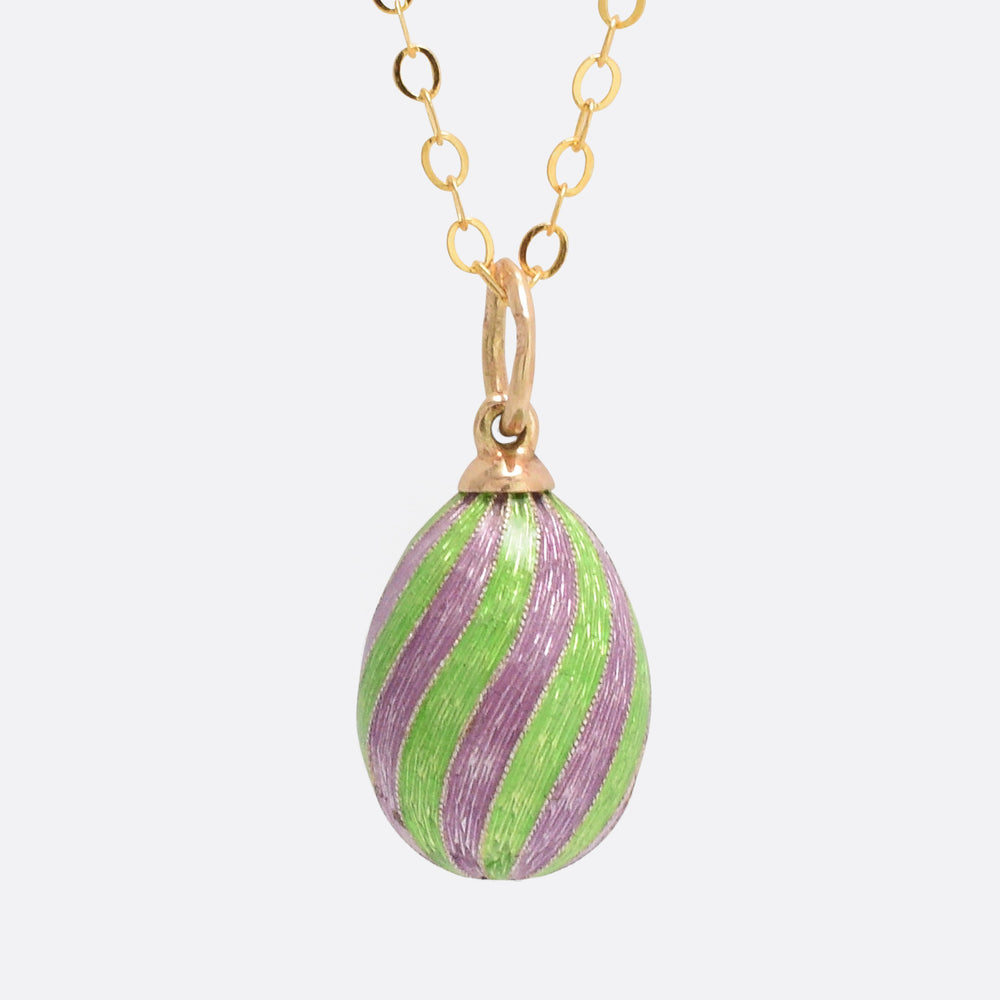 Vintage Spiral Enamel Russian Miniature Egg Pendant